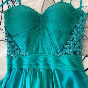 Beautiful Teal La Femme chiffon and beaded strapless prom dress